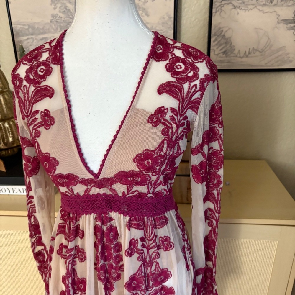 FOR LOVE & LEMONS Floral‎ Temecula Long Sleeve Sheer Maxi Dress Red Size Small - Picture 5 of 11